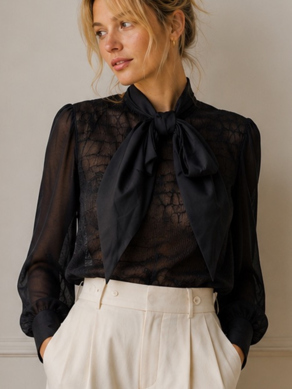 Ryegrass Black Sheer Lace Bow Blouse Victorian Romantic Top NWT Large